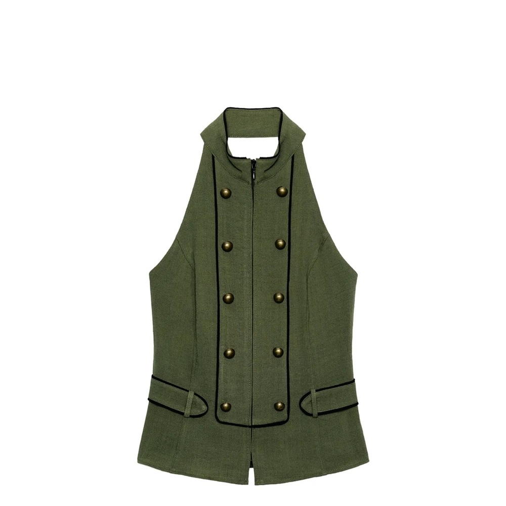 Zara Olive Green Double-Breasted Sleeveless Coat